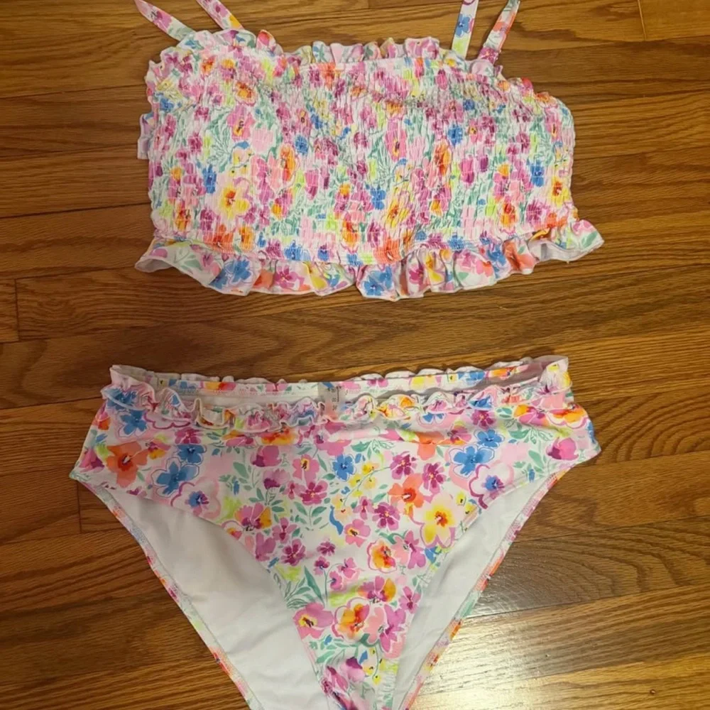 Floral Smocked Two-Piece Swim Set in Pastel Pink